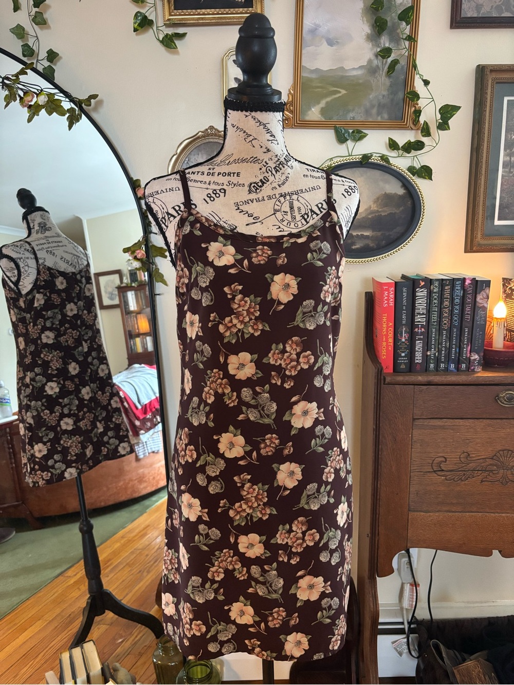 Floral Spaghetti-Strap Mini Dress in Burgundy